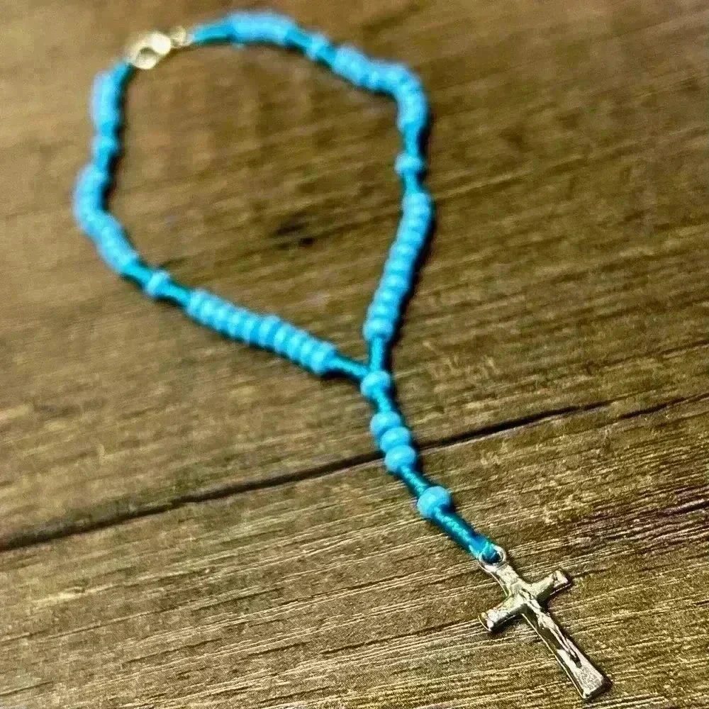 Bright Blue Kids Rosary with Silver Tone Crucifix